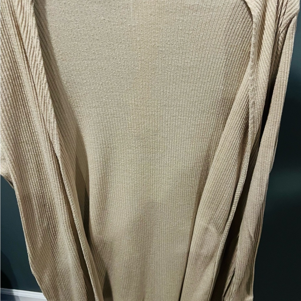 Knee length Beige Ribbed Open Cardigan - Picture 2 of 3